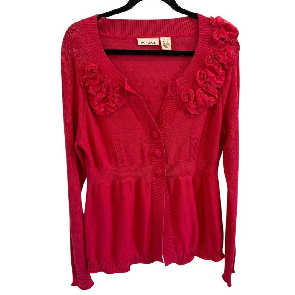 Vtg Y2K DKNY XL Babydoll Strawberry Red Ruffle Neck Embellished Button Cardigan